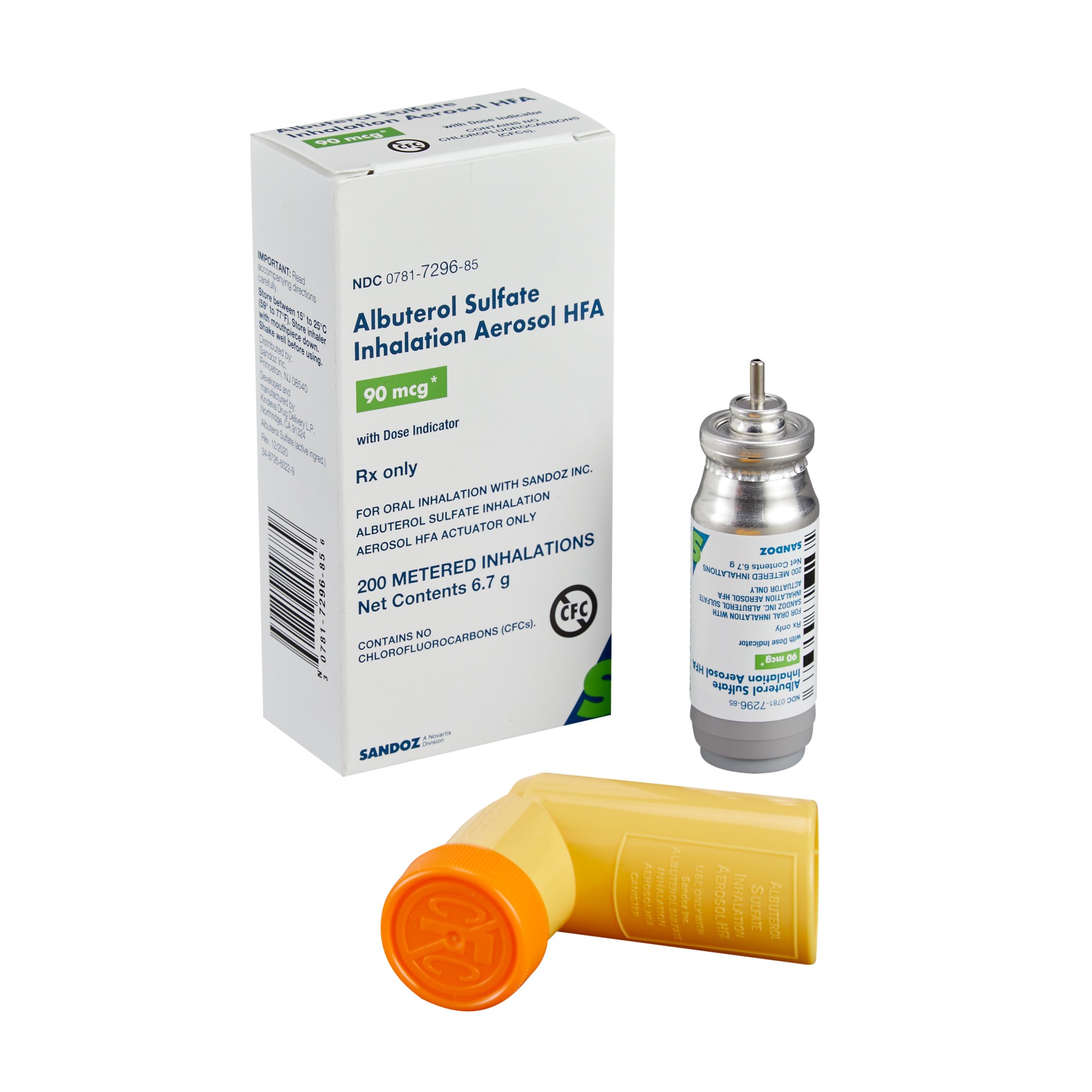 Albuterol Sulfate 90 mcg Aerosol Metered-Dose Inhaler 6.7 Grams 200 Doses by Sandoz  ID 00781-7296-85